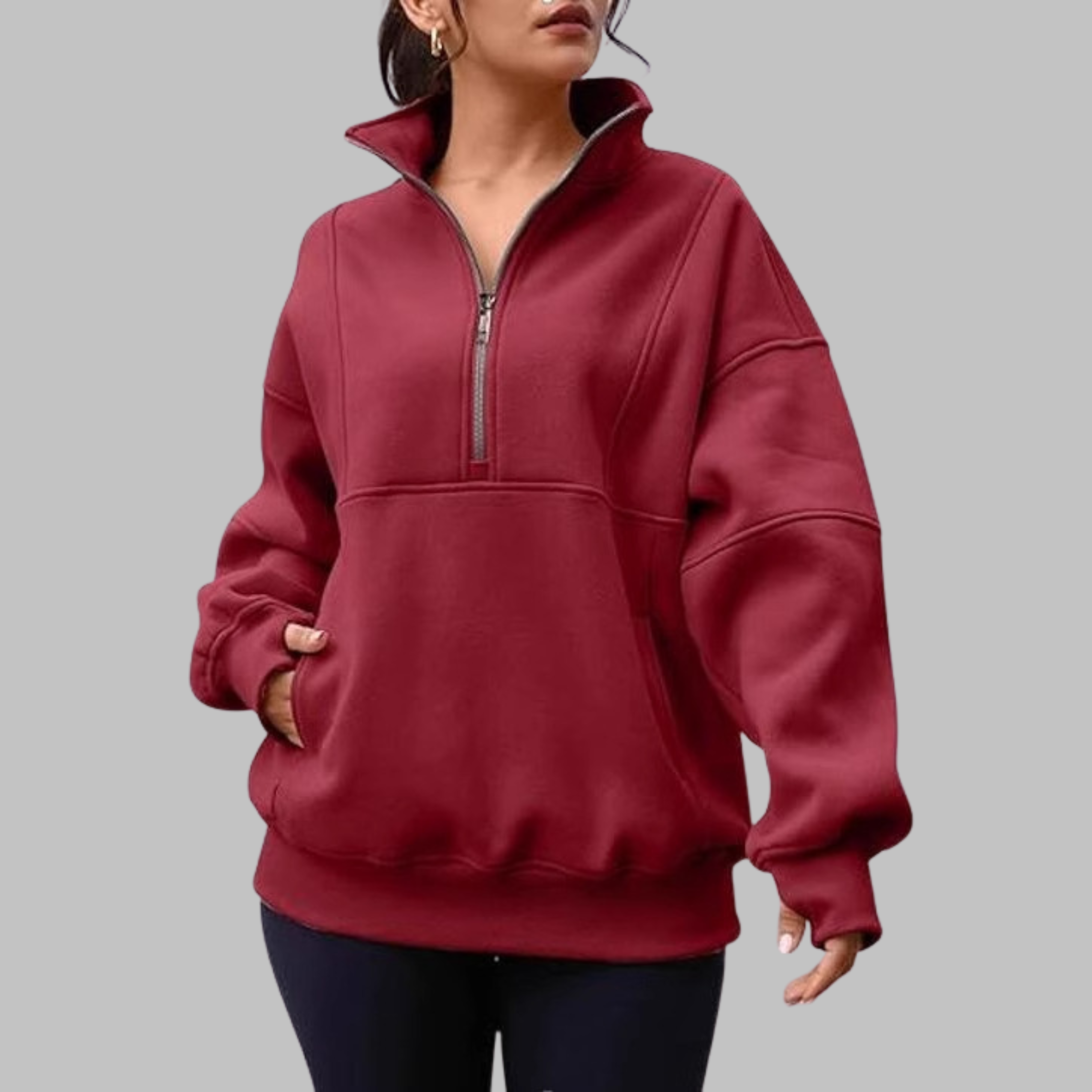 PSALM™ - Sweat-shirt à col confortable à demi-fermeture éclair, oversized, à manches longues