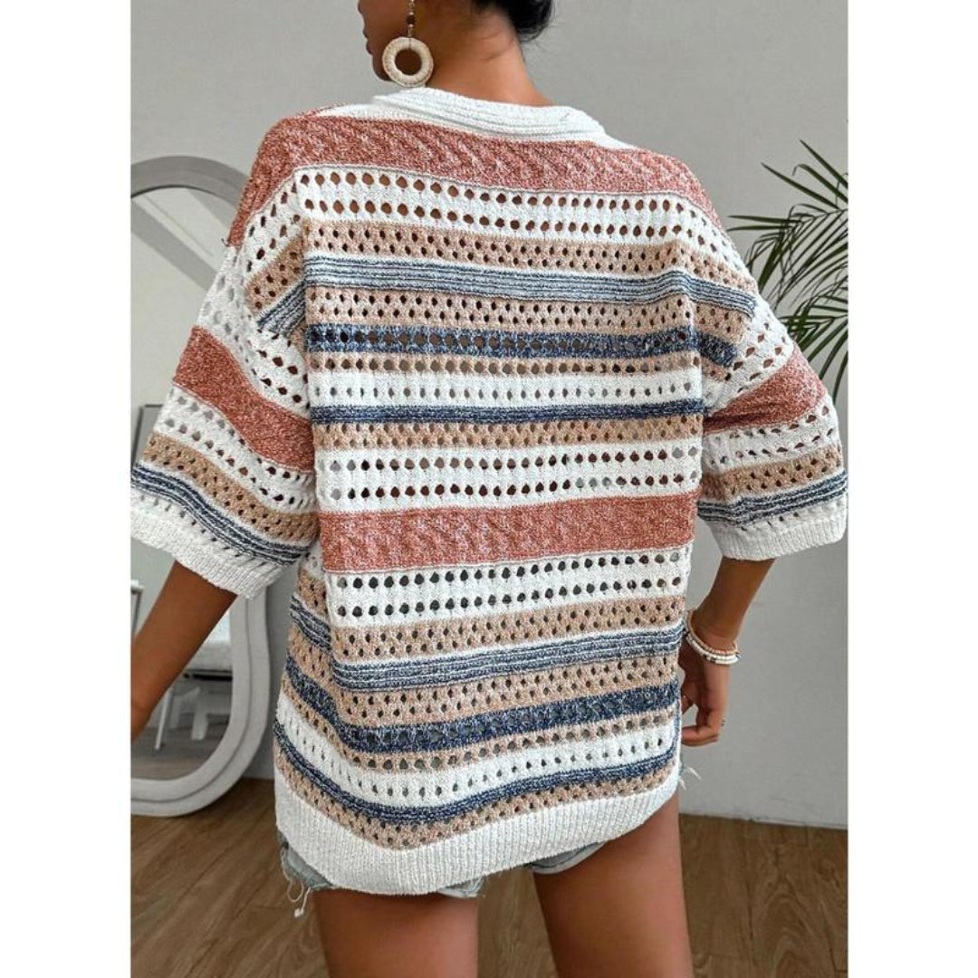 KELISE™ – Haut d'été décontracté en crochet à rayures avec décolleté en V