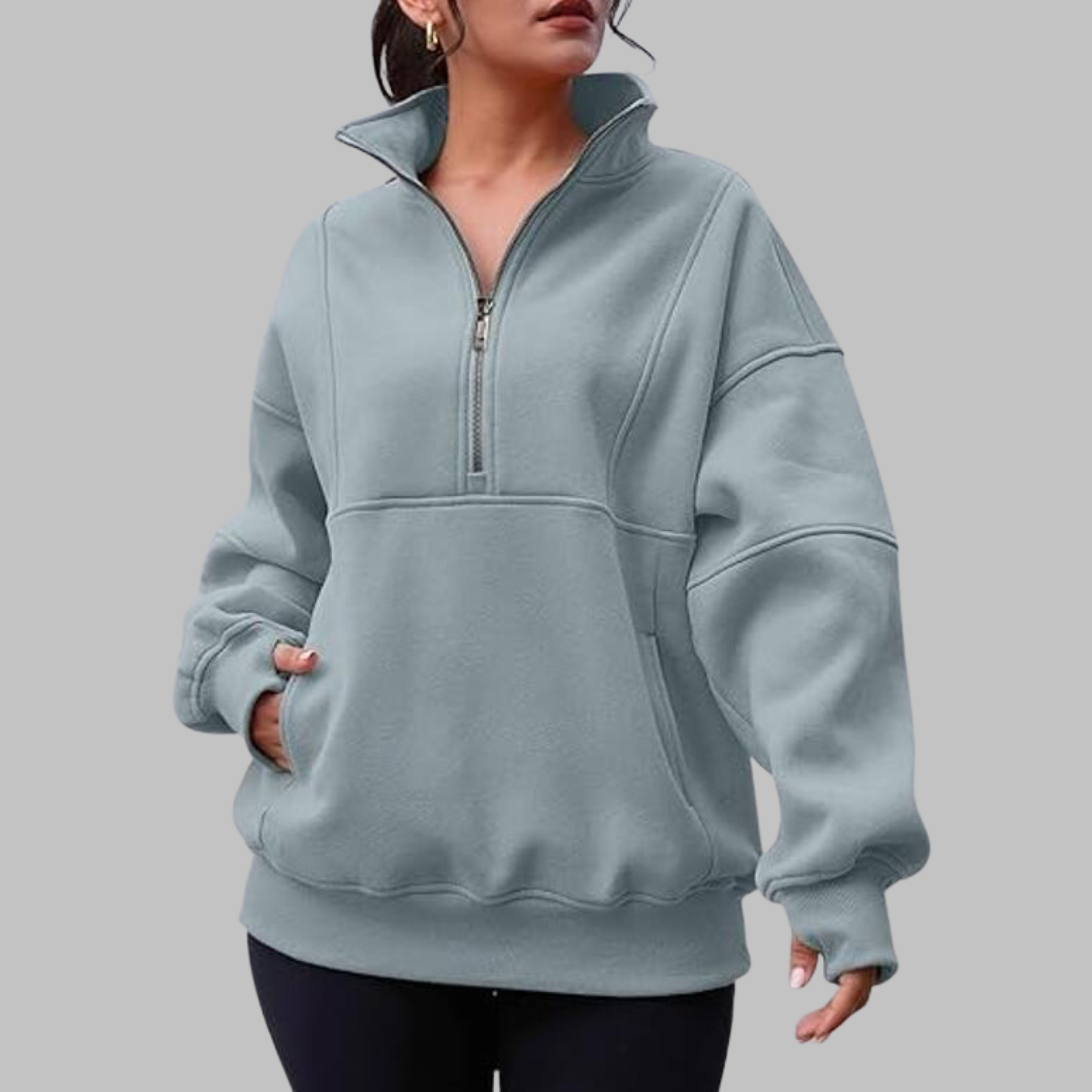 PSALM™ - Sweat-shirt à col confortable à demi-fermeture éclair, oversized, à manches longues