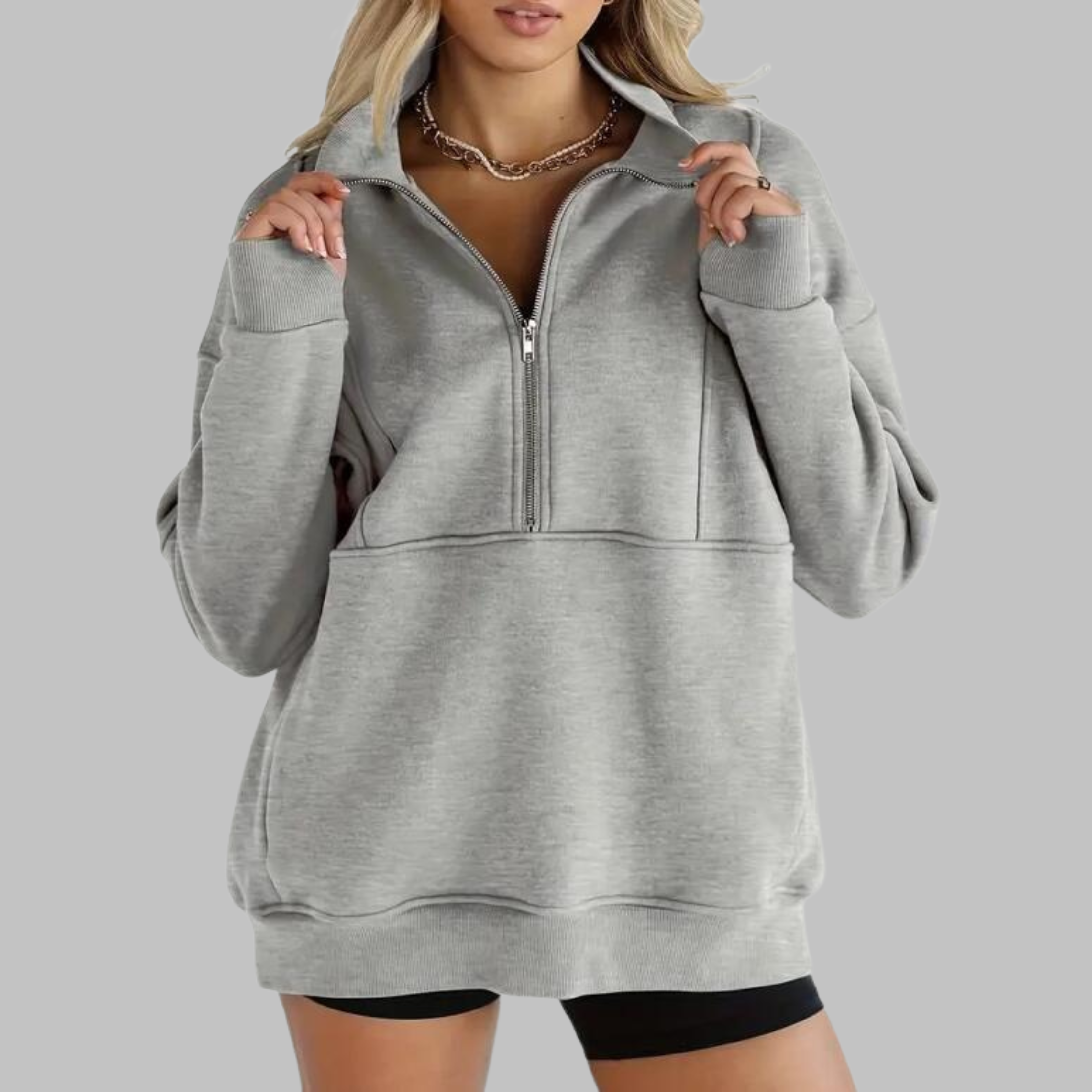 PSALM™ - Sweat-shirt à col confortable à demi-fermeture éclair, oversized, à manches longues
