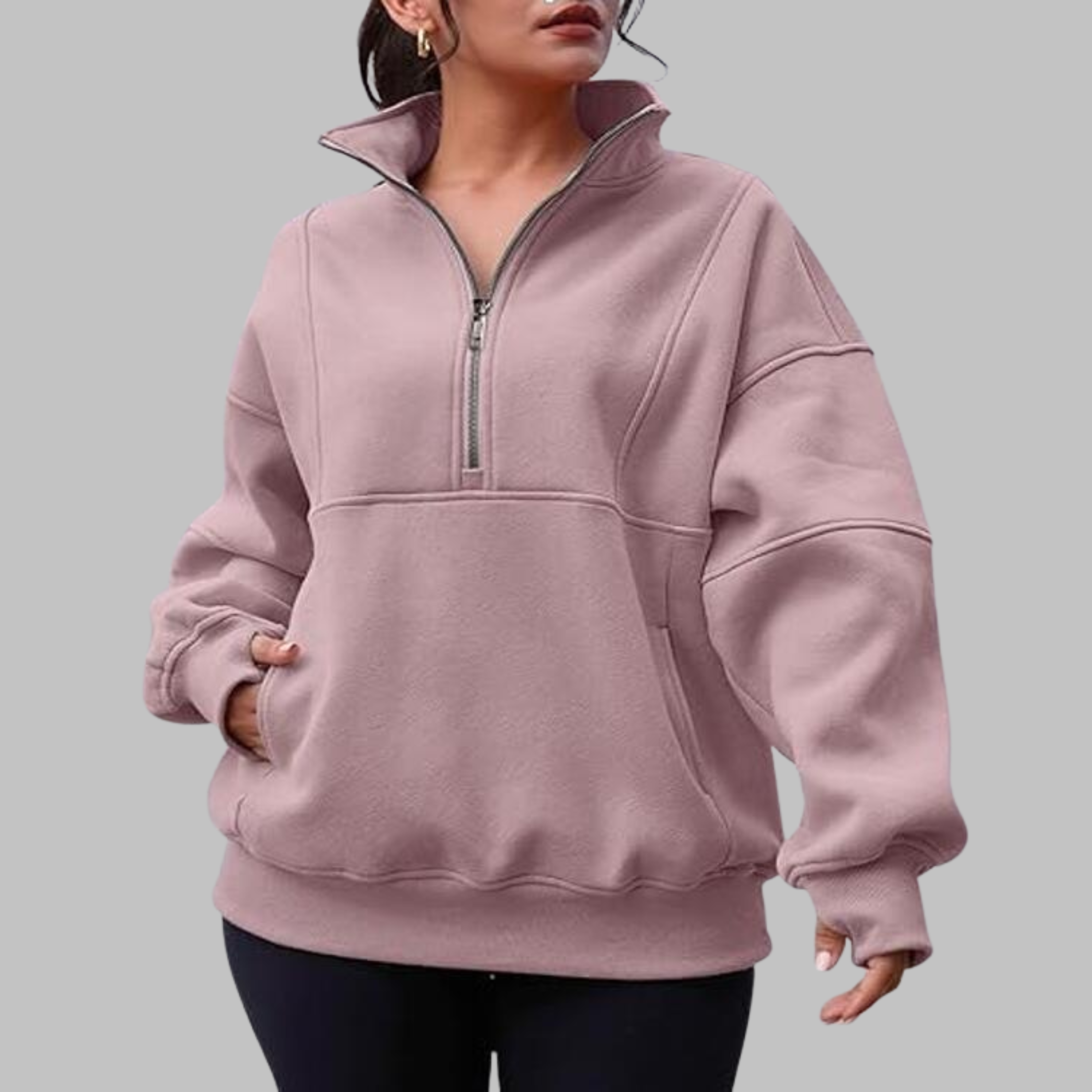 PSALM™ - Sweat-shirt à col confortable à demi-fermeture éclair, oversized, à manches longues