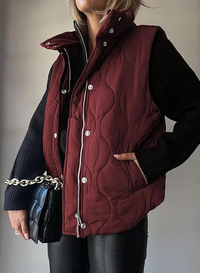 PAMMY™ - Gilet classique matelassé à boutons et fermeture éclair avec col
