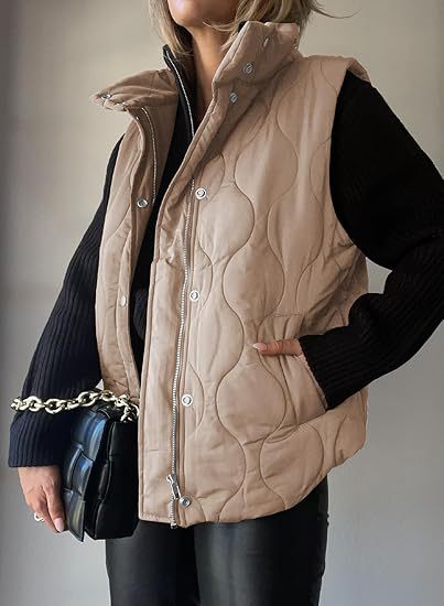 PAMMY™ - Gilet classique matelassé à boutons et fermeture éclair avec col