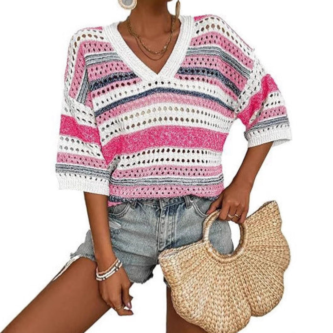 KELISE™ – Haut d'été décontracté en crochet à rayures avec décolleté en V