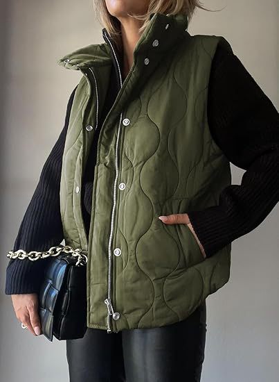PAMMY™ - Gilet classique matelassé à boutons et fermeture éclair avec col